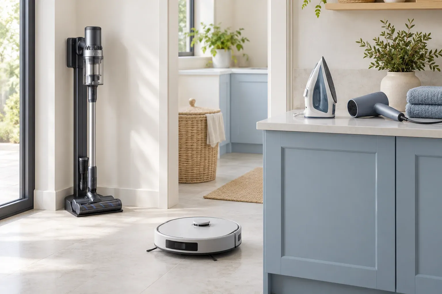 Vacuum cleaners, an iron and a hair dryer in a light interior