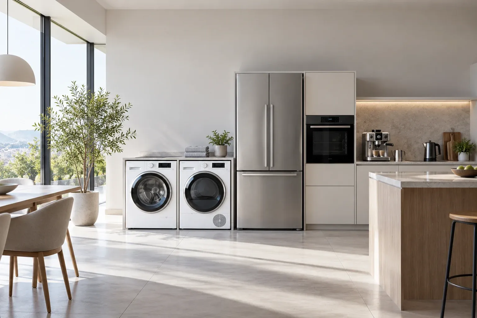 A refrigerator, washing machine and other household appliances in a contemporary interior