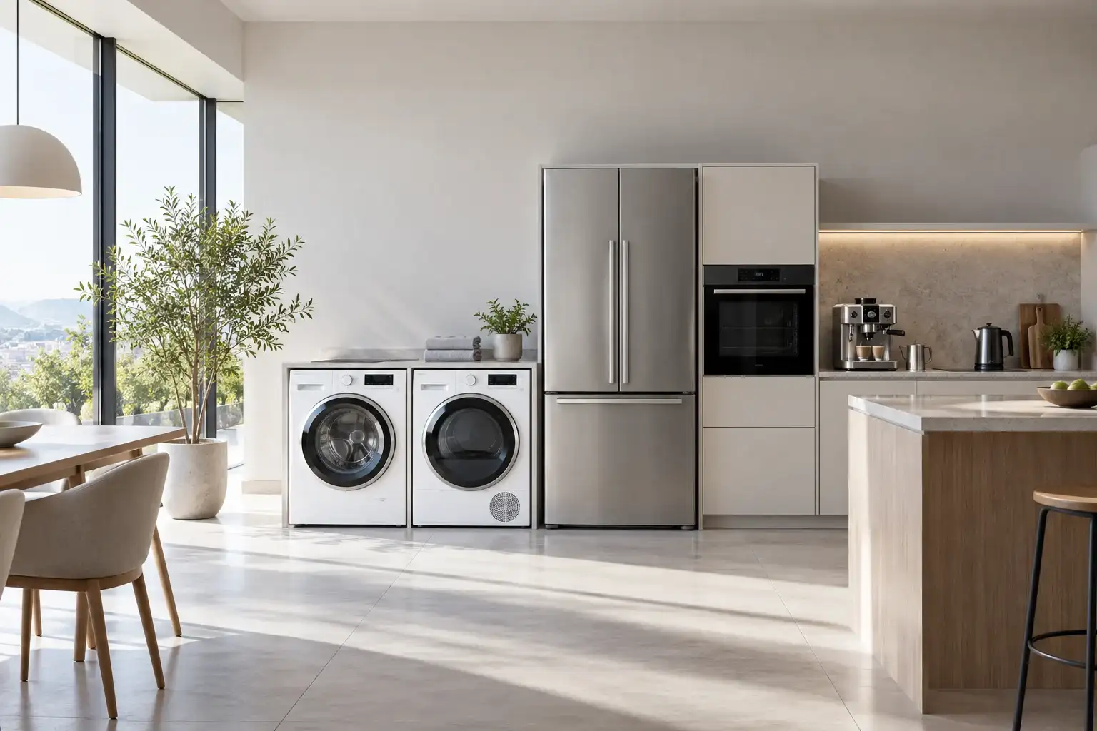A refrigerator, washing machine and other household appliances in a contemporary interior