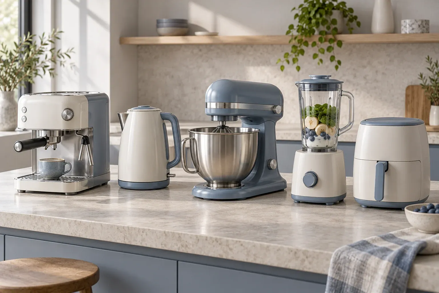 A coffee machine, kettle, mixer and blender on a kitchen counter